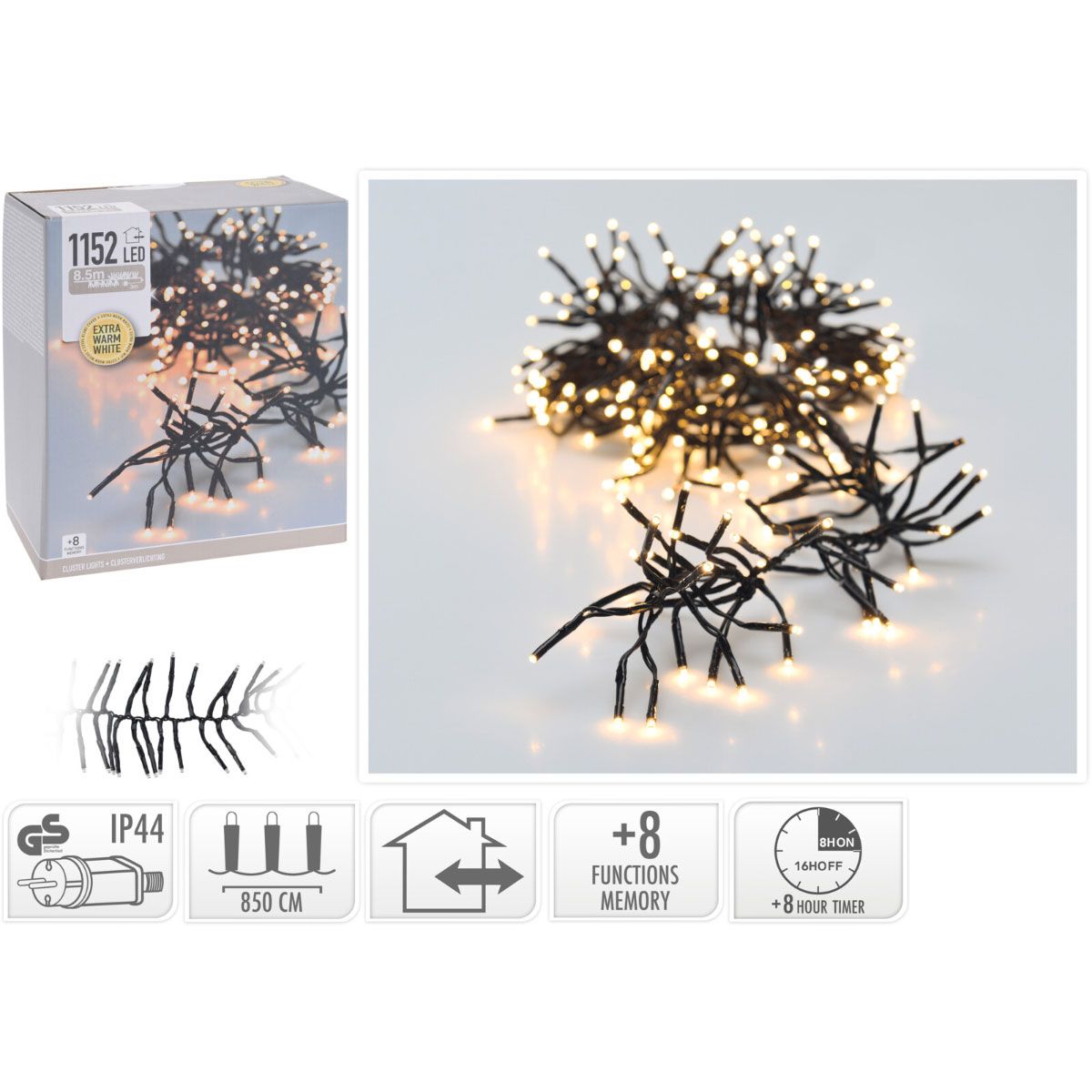 Productfoto: Cluster Kerstverlichting - 1152 LED - 8,5 Meter - Extra Warm Wit - Timer
