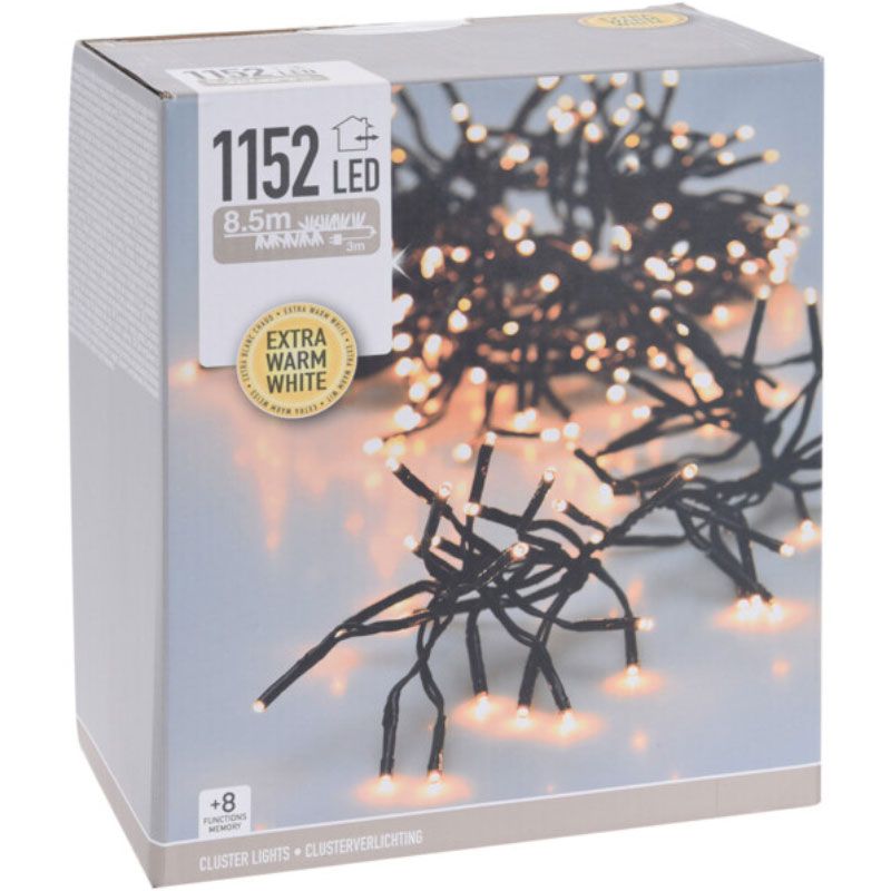 Extra productfoto: Cluster Kerstverlichting - 1152 LED - 8,5 Meter - Extra Warm Wit - Timer
