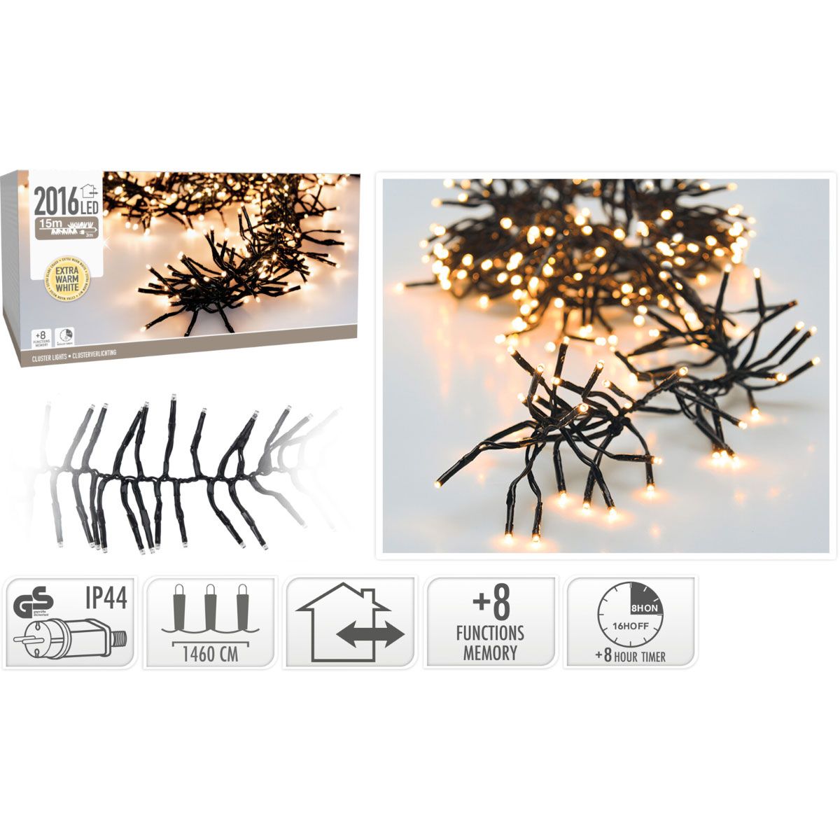 Cluster kerstverlichting 2016 LED, 14,6 meter, extra warm wit