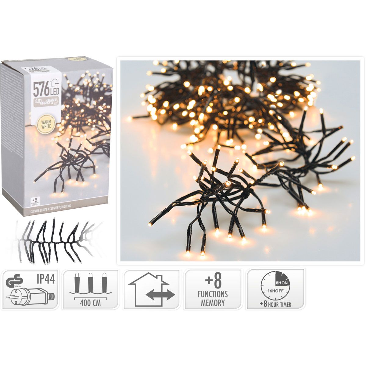Cluster kerstverlichting 576 LED, 4,2 meter, warm wit
