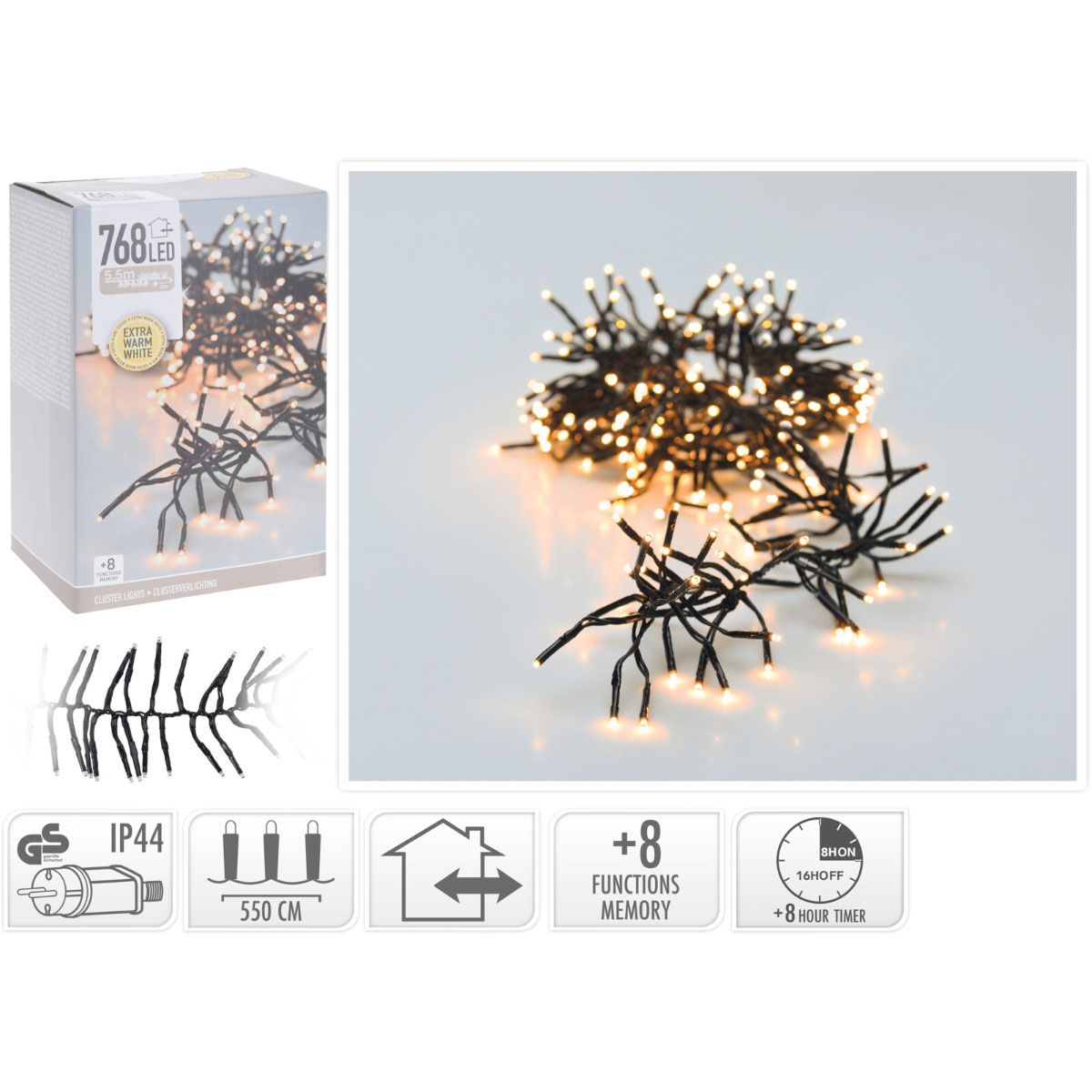 Cluster kerstverlichting 768 LED, 5,5 meter, extra warm wit
