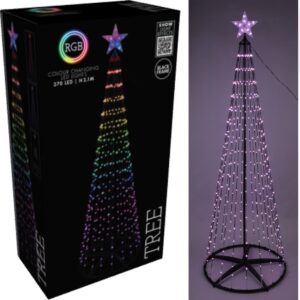 RGB-vlaggenmastkerstboom van 210 cm met 370 LED-lampjes, verlichte ster en zwart frame