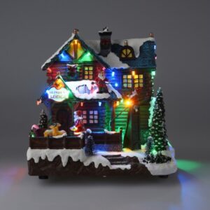 Reindeer Lodge kersthuis met gekleurde LED-verlichting en draaiende rendieren