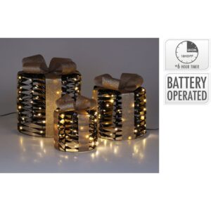 Set van drie zwart-gouden kerstcadeaus met warmwitte LED-verlichting in verschillende hoogtes