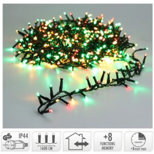 Microcluster kerstverlichting van 16 meter met 800 LED-lampjes in rood, groen en extra warm wit
