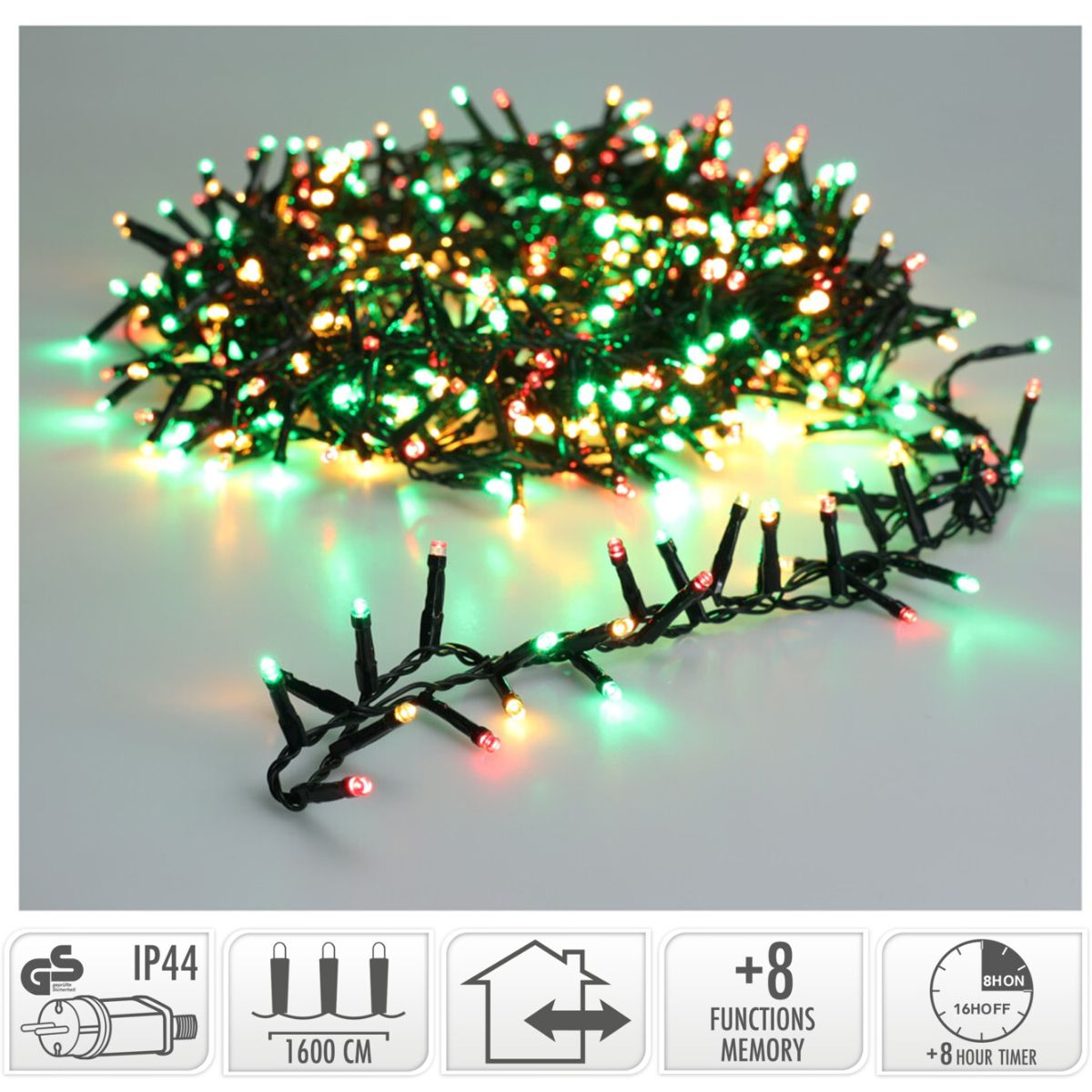 Microcluster kerstverlichting van 16 meter met 800 LED-lampjes in rood, groen en extra warm wit
