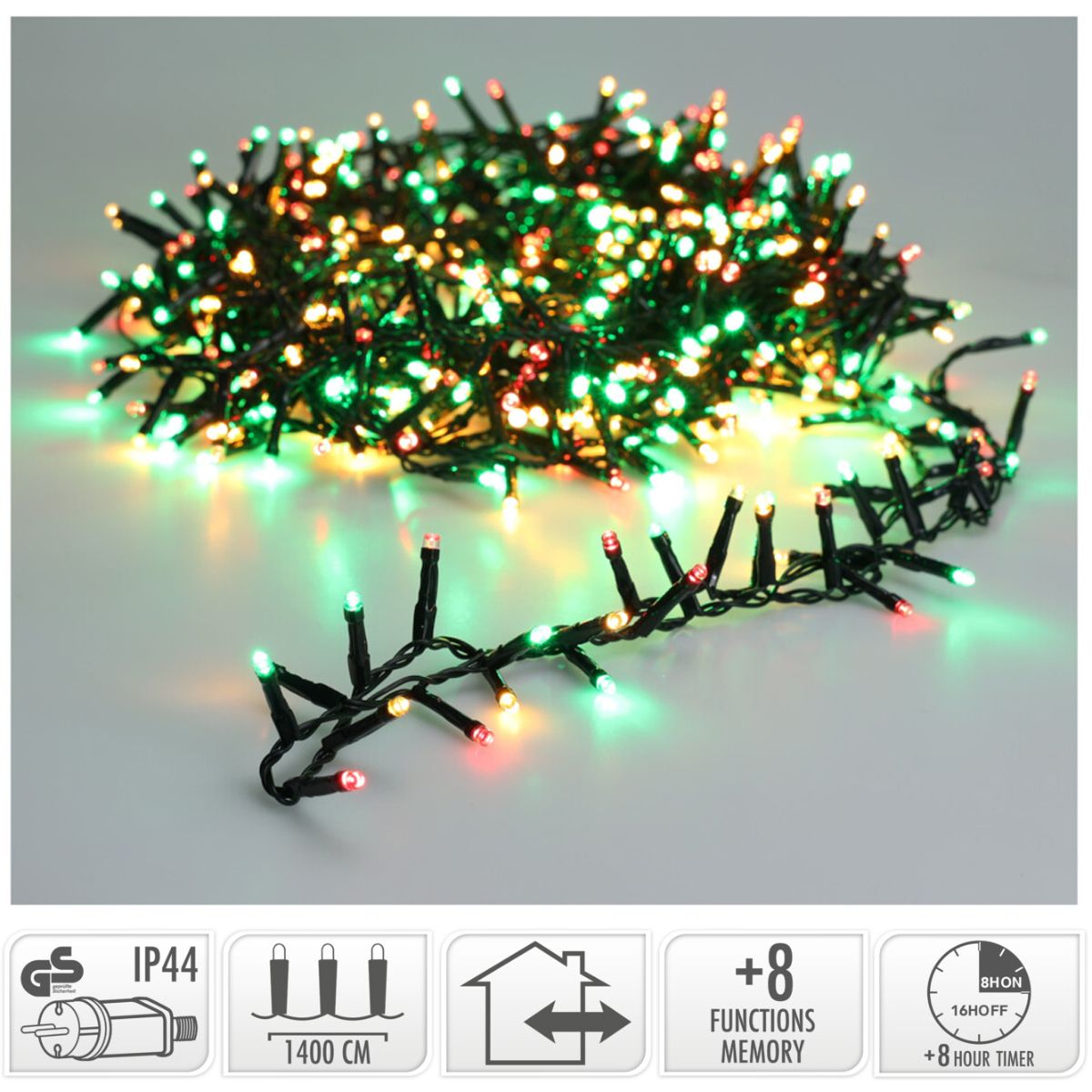Microcluster kerstverlichting van 14 meter met 700 rode, groene en extra warmwitte LED-lampjes