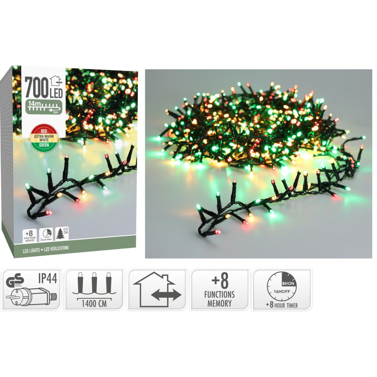 Microcluster kerstverlichting 700 LED en 14 meter in drie kleuren — aanvullende afbeelding