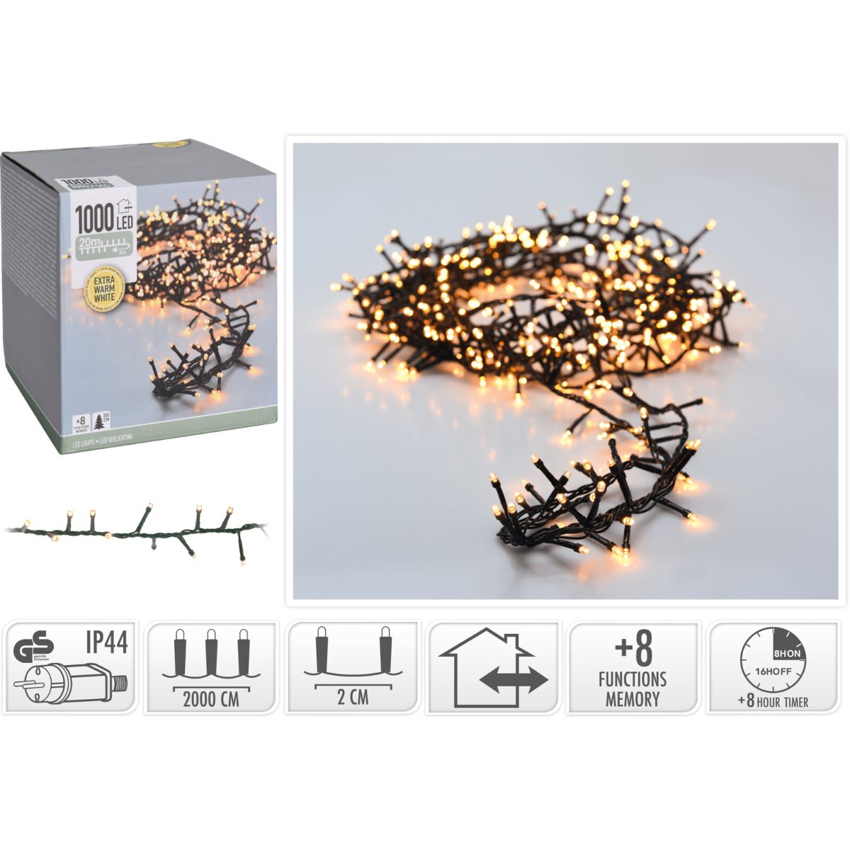 Extra warmwitte microcluster kerstverlichting met 1000 LED en 20 meter snoer — aanvullende foto