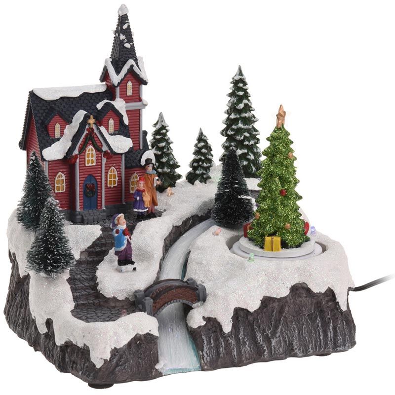 Miniatuurkerkje met draaiende kerstboom en LED-verlichting — aanvullende productafbeelding