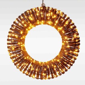 Bruine kerstkrans met rotanlook, diameter 38 cm en 400 extra warmwitte LED-lampjes