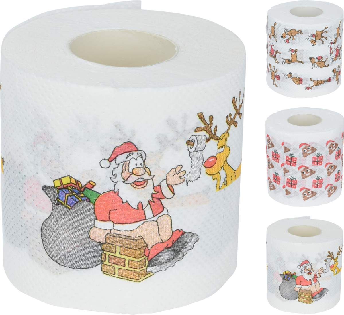 Set van drie rollen kersttoiletpapier met verschillende grappige kerstprints