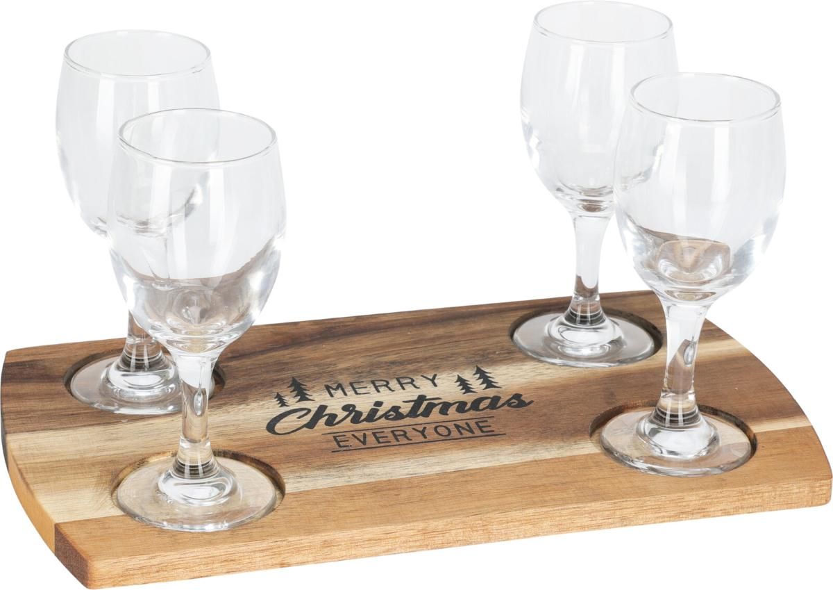 Acacia dienblad met kersttekst en vier whiskyglazen van 200 ml