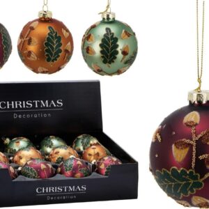 Twaalf matte glazen kerstballen van 8 cm in goud, groen en rood met goudkleurige kapjes