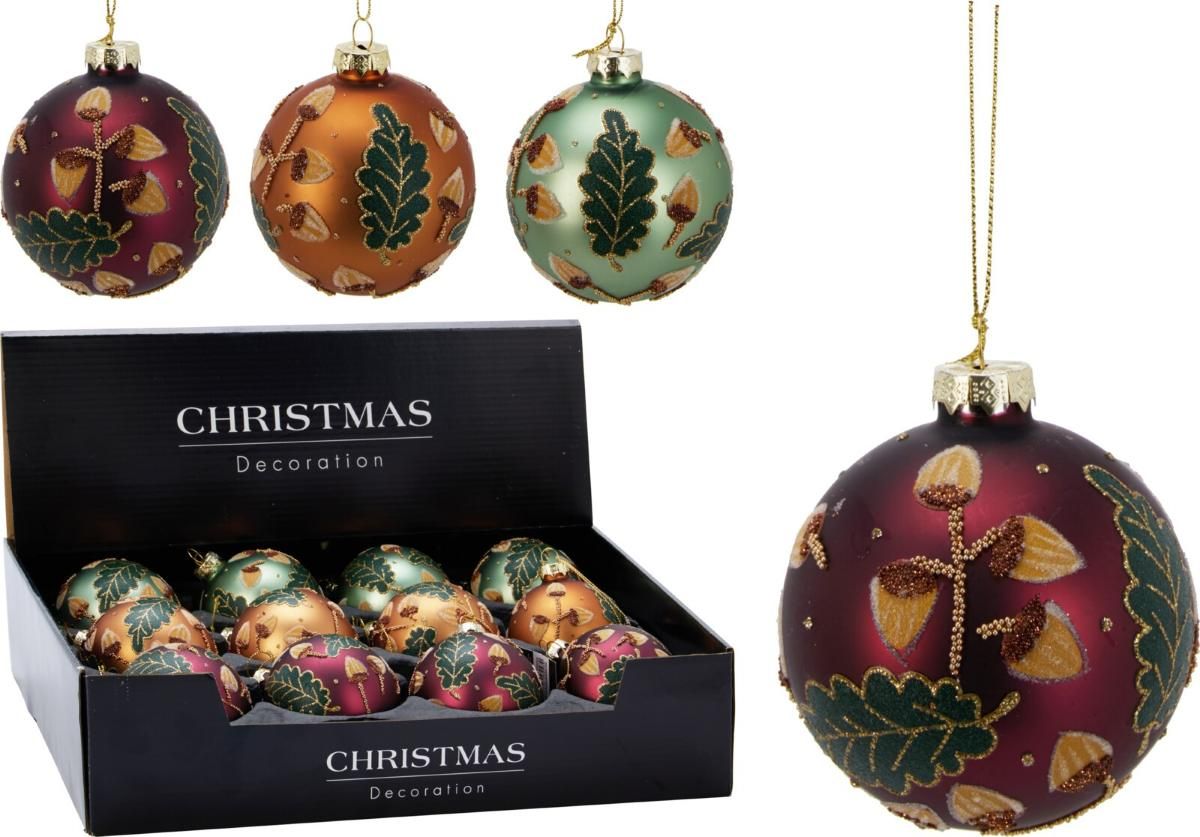 Twaalf matte glazen kerstballen van 8 cm in goud, groen en rood met goudkleurige kapjes