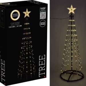 Warmwitte LED kerstboom van 150 cm met verlichte ster en zwarte voet, naast de verpakking.