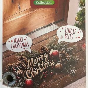Verpakking van een deurmatsensor met kerstmuziek, afgebeeld bij een kerstdeurmat.
