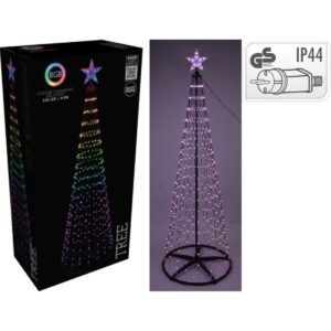 RGB LED kerstboom van 300 cm met verlichte ster en zwart frame, naast de verpakking en het IP44-symbool.