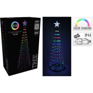 RGB LED kerstboom van 150 cm met gekleurde lichtjes en ster, naast de verpakking en symbolen voor kleurwisseling en IP44.