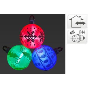 Drie verlichte opblaasbare kerstballen in rood, groen en blauw met kerstmotieven, naast gebruikssymbolen.