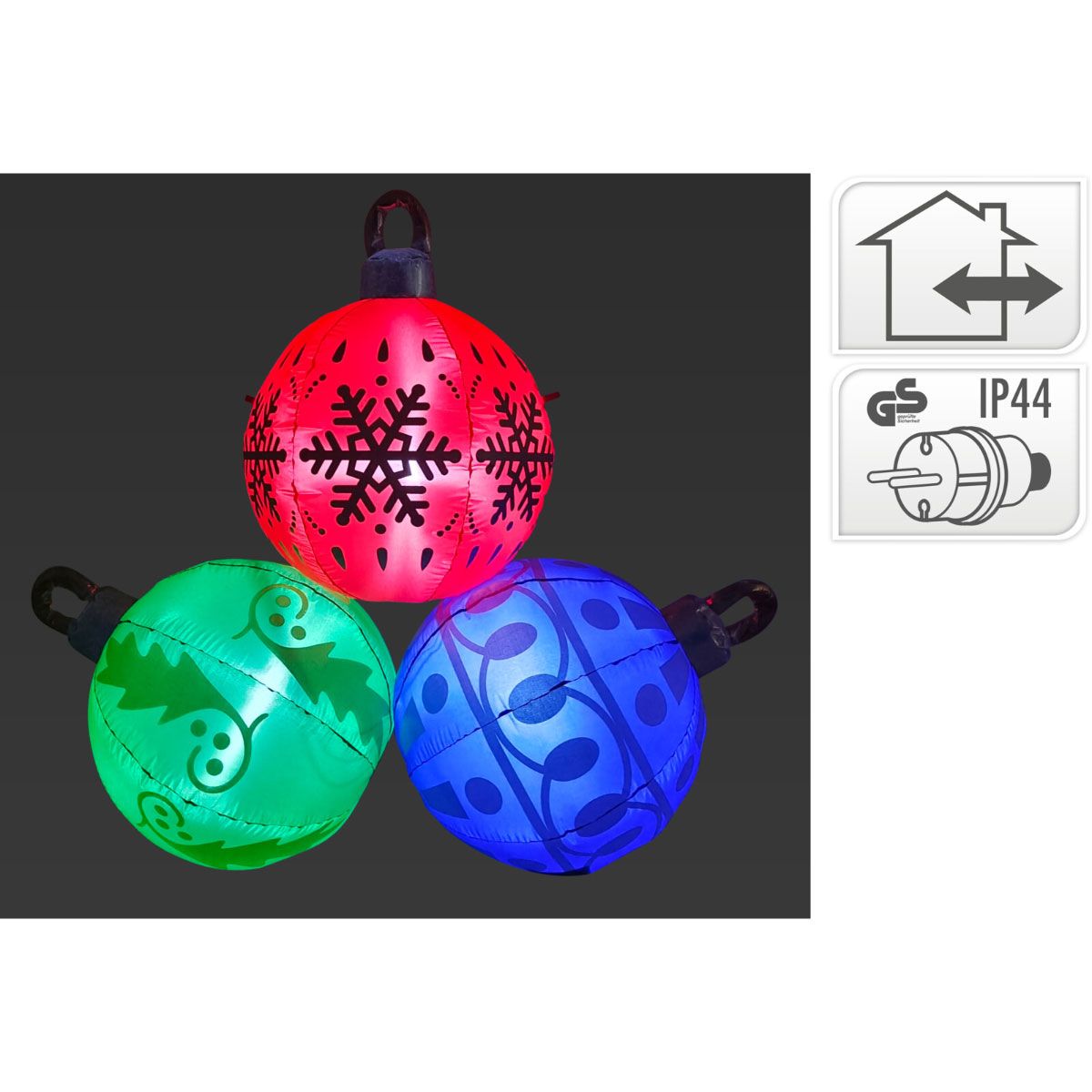 Drie verlichte opblaasbare kerstballen in rood, groen en blauw met kerstmotieven, naast gebruikssymbolen.