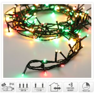 Kerstlichtsnoer met rode, groene en extra warmwitte leds, met symbolen voor timer, geheugen en lichtfuncties.