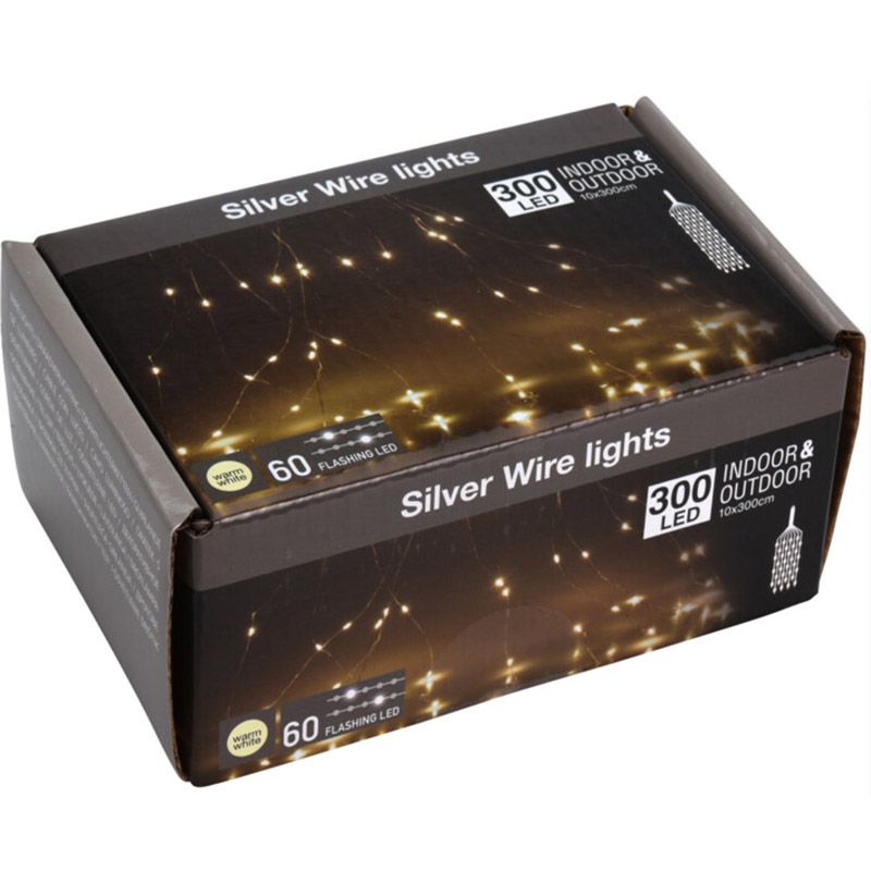 Verpakking van de zilverdraad-cascadeverlichting met 300 leds en flashfunctie.