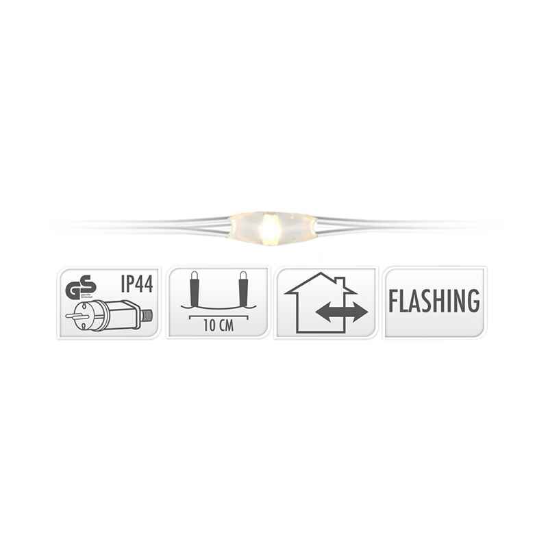Detail van een led op zilverdraad, met symbolen voor IP44, 10 cm afstand, binnen- en buitengebruik en flashfunctie.