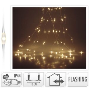 Warmwitte cascadeverlichting op zilverdraad, met een led-detail en symbolen voor IP44 en flashfunctie.