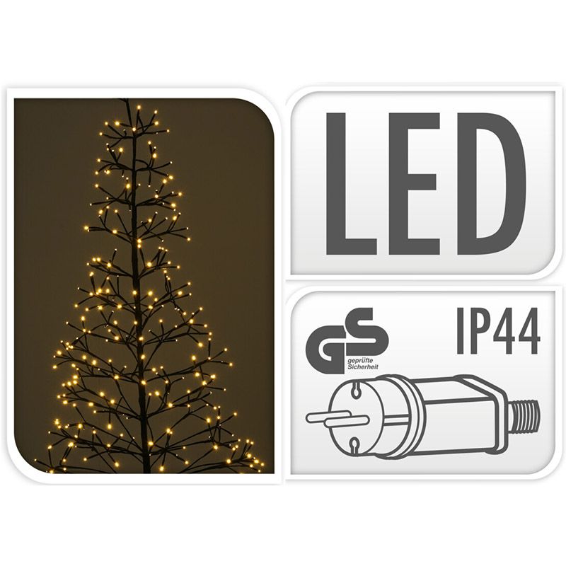 Detail van de brandende warmwitte lichtboom van 150 cm, naast LED- en IP44-symbolen.