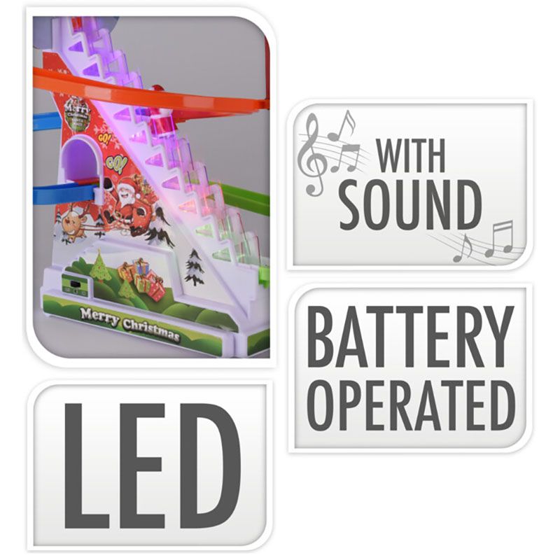 Detail van de verlichte trap van de kerstklimbaan, met symbolen voor geluid, LED-verlichting en batterijgebruik.