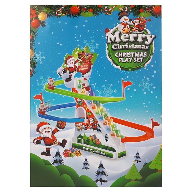 Blauwe verpakking van de kerstklimbaan met een afbeelding van de speelset en de tekst Merry Christmas.