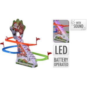 Kerstklimbaan met trap en gekleurde glijbanen, naast een verlicht detail en symbolen voor licht, geluid en batterijen.
