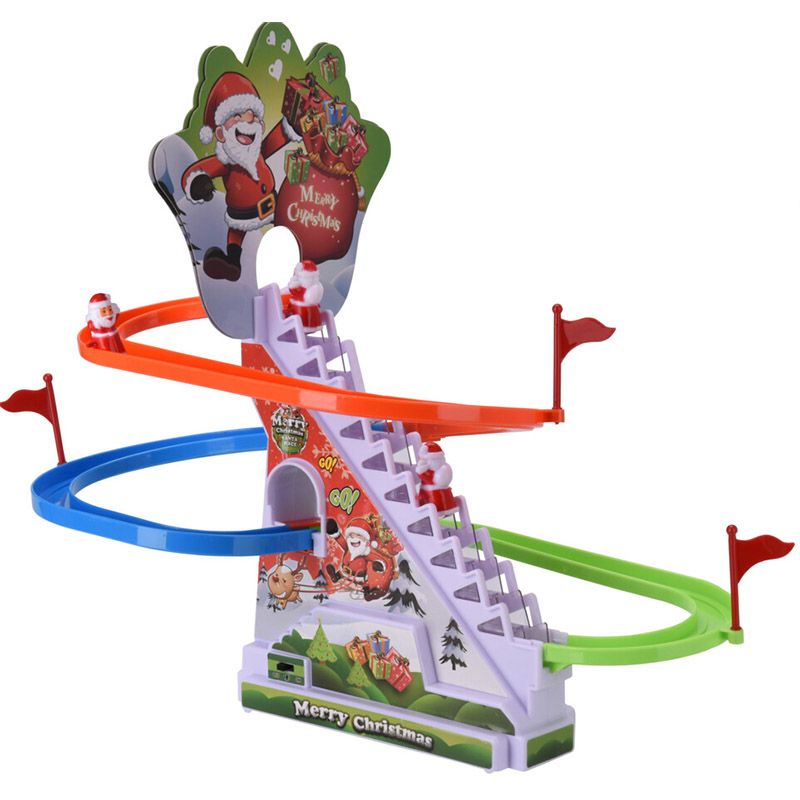 Kerstklimbaan met kerstmanfiguren, een centrale trap en rode, blauwe en groene glijbanen.