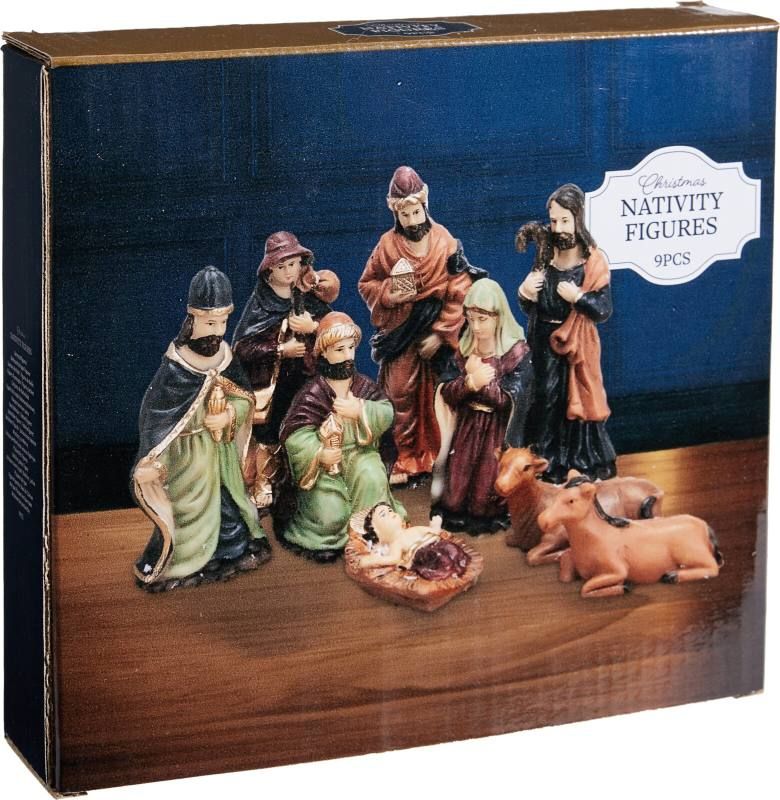 Verpakking van de set met negen kerststalfiguren van circa 8 cm