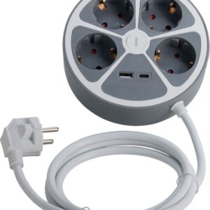 Ronde grijze stekkerdoos met vier stopcontacten, USB-A en USB-C en opgerold wit snoer