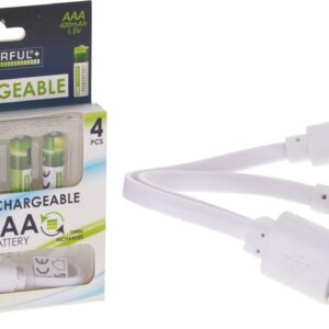 Vier oplaadbare AAA-batterijen in verpakking met losse batterij en USB-laadkabel