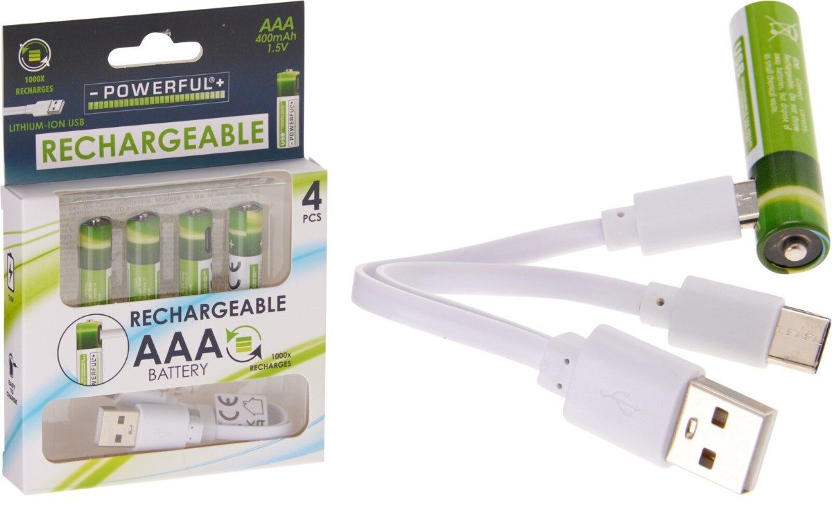 Vier oplaadbare AAA-batterijen in verpakking met losse batterij en USB-laadkabel