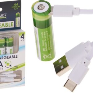 Vier oplaadbare AA-batterijen in verpakking met losse batterij en USB-laadkabel