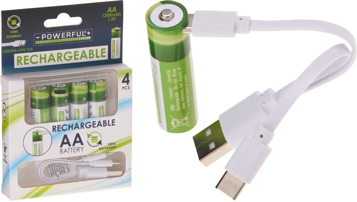 Vier oplaadbare AA-batterijen in verpakking met losse batterij en USB-laadkabel