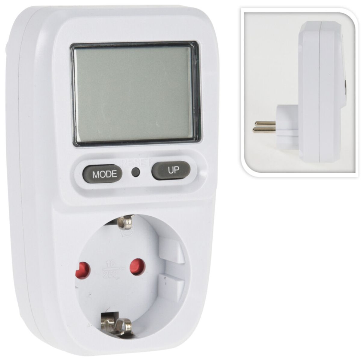 Witte FX Control energiemeter met lcd-scherm, stopcontact en zijaanzicht van de stekker