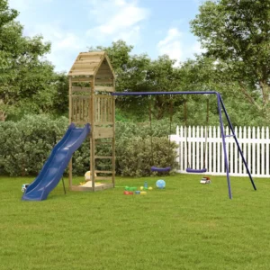 Speelhuis met glijbaan en dubbele schommel – 315 × 335 cm