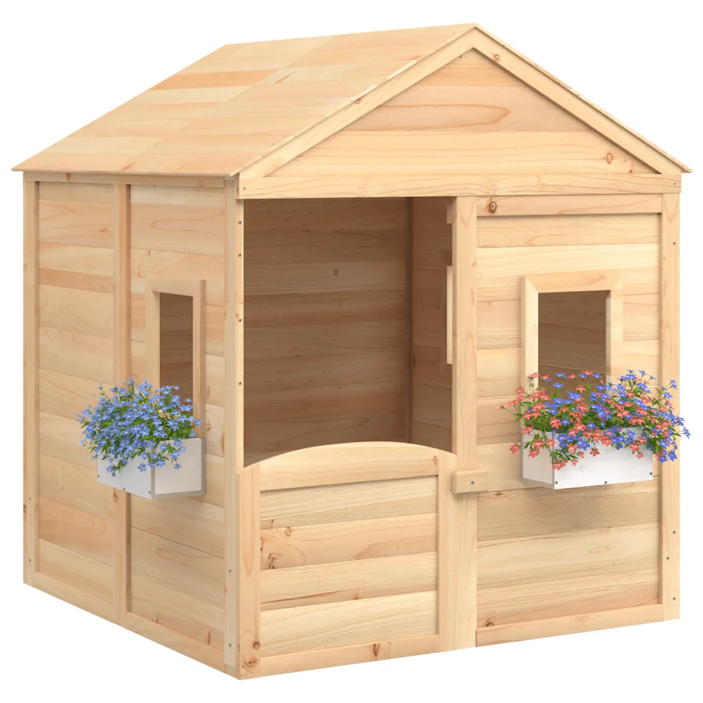 Houten speelhuis met deur en 2 bloempotten