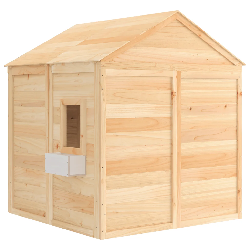 Houten speelhuis met deur en 2 bloempotten