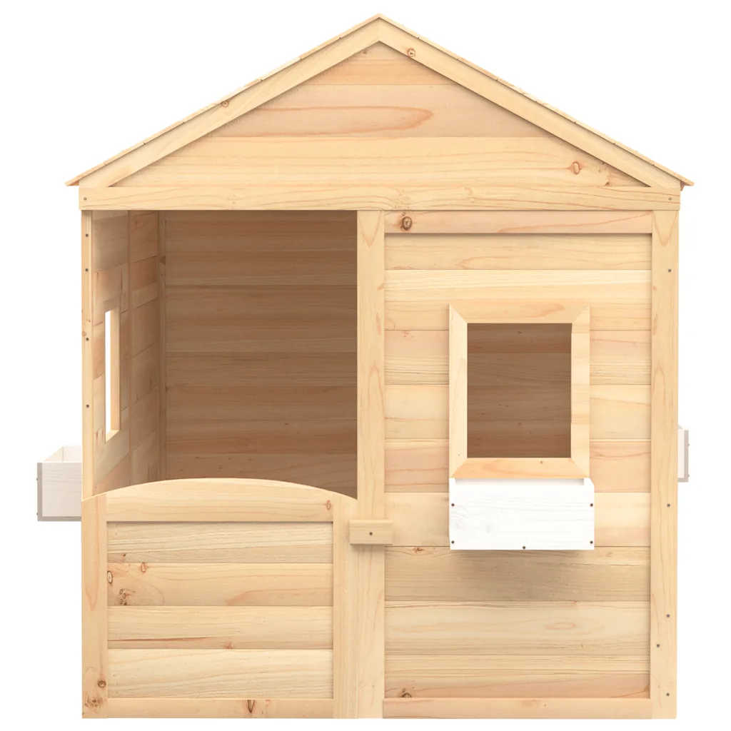 Houten speelhuis met deur en 2 bloempotten