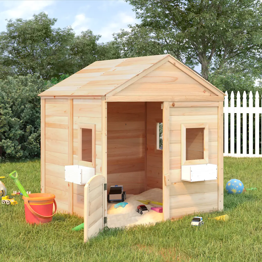 Houten speelhuis met deur en 2 bloempotten
