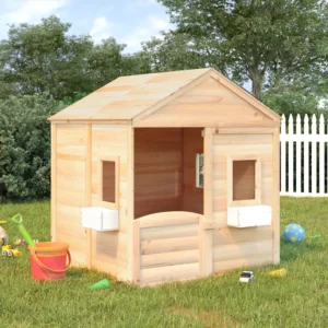 Houten speelhuis met deur en 2 bloempotten