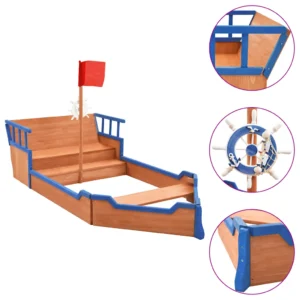 Zandbak piratenschip met stuurwiel – vurenhout