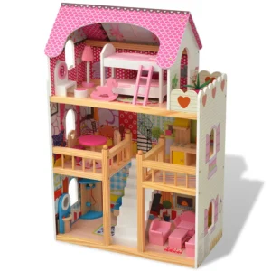 Houten poppenhuis met meubels – 3 verdiepingen