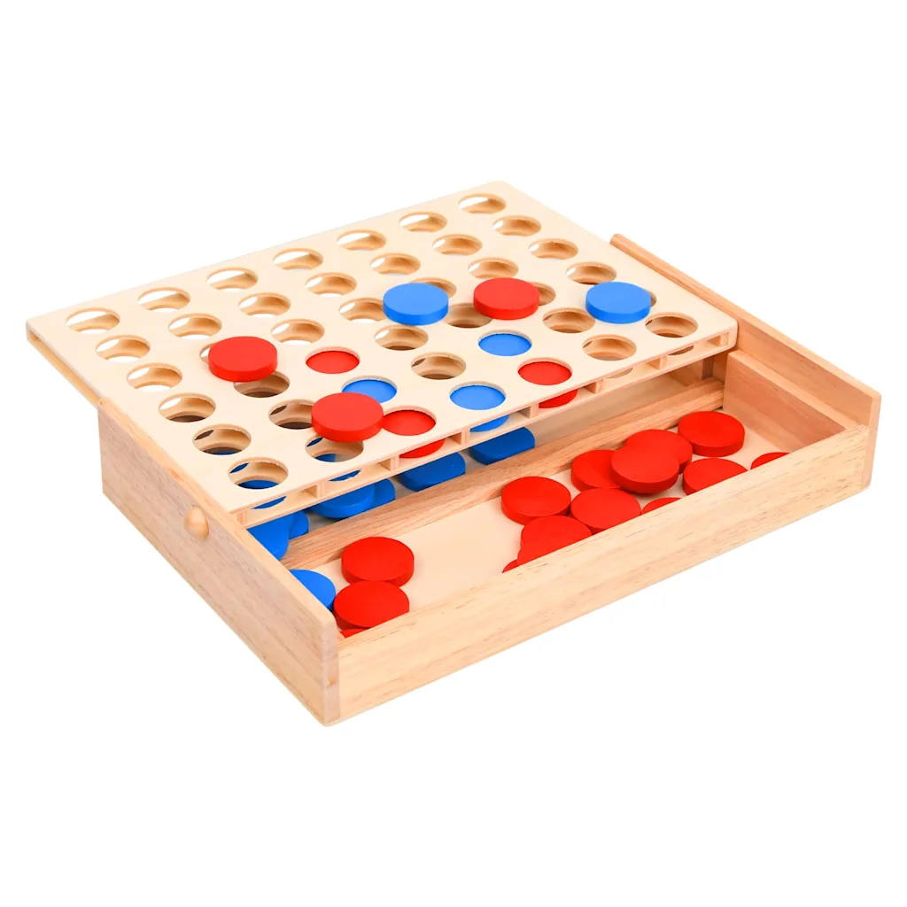 4 op een rij – houten spel met rode en blauwe schijven